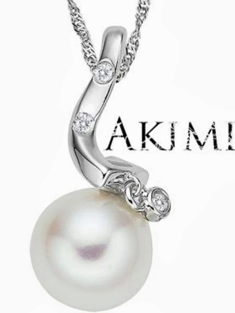 AKIMIO Platinum Over Solid Sterling Silver Diamonds and Pearl 18 Inch Designer